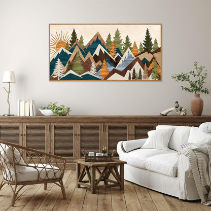Tinonedraw Large Metal Mountain Framed Canvas Wall Art, Boho Rustic Sunrise Forest Wall Decor, 3