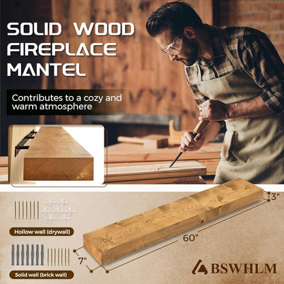 60x7x3 Fireplace Mantel - Solid Rustic Wood - Wall Mounted Floating Shelf with Invisible Heavy Duty