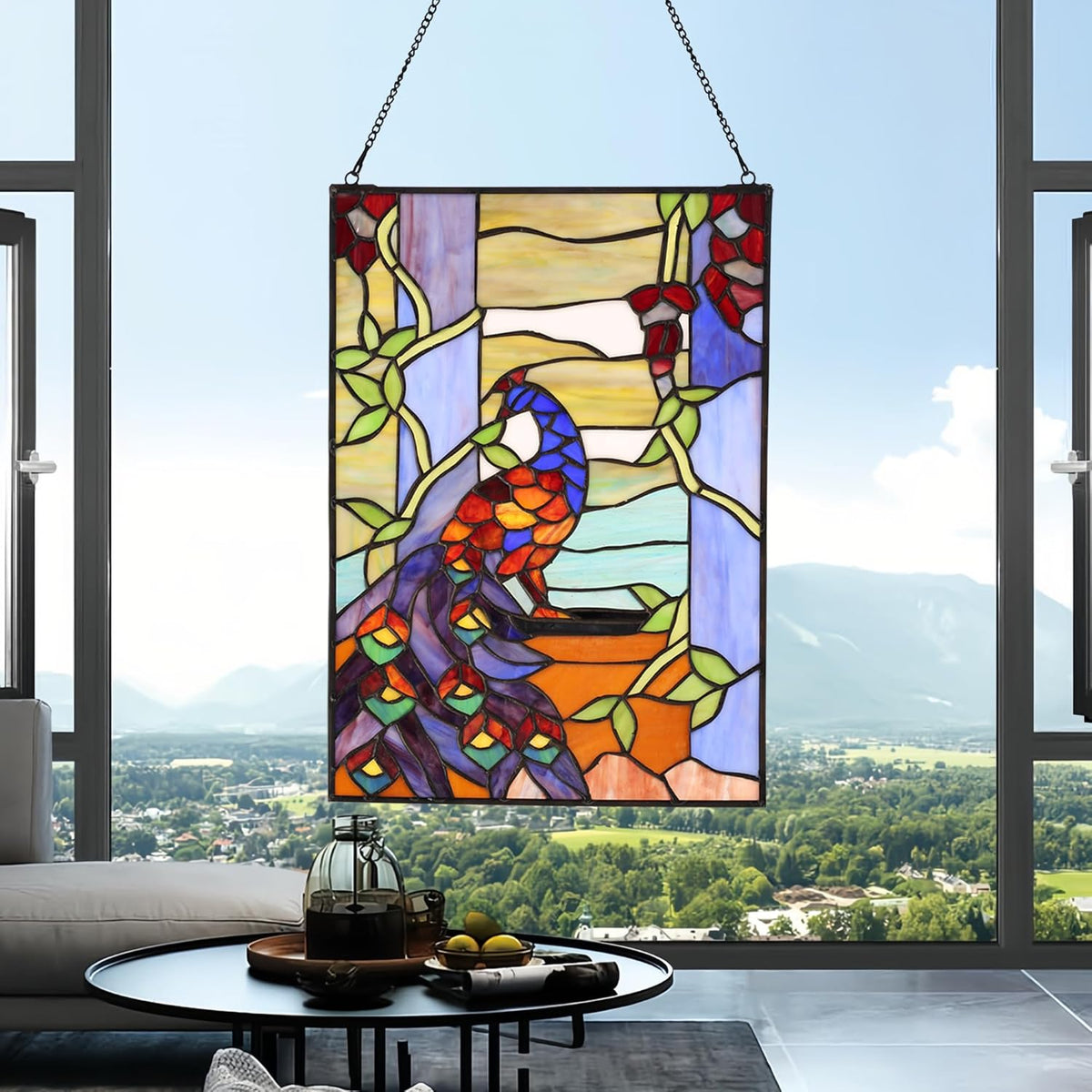 YOURANJU Stained Glass Window Hanging 16" H x 11" W Tiffany Style Rectangular Window Panel Suitable