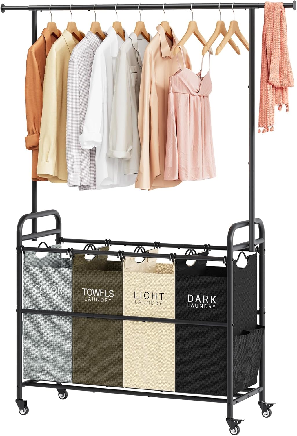 Tajsoon Laundry Sorter Cart with Hanging Clothes Rack, 4 Butler Sorter Basket Organizer, Laundry
