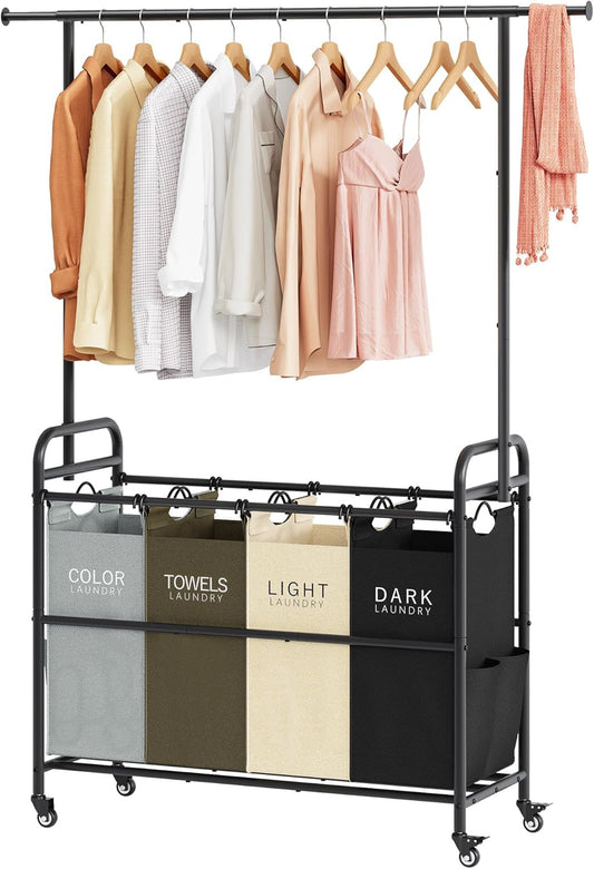 Tajsoon Laundry Sorter Cart with Hanging Clothes Rack, 4 Butler Sorter Basket Organizer, Laundry