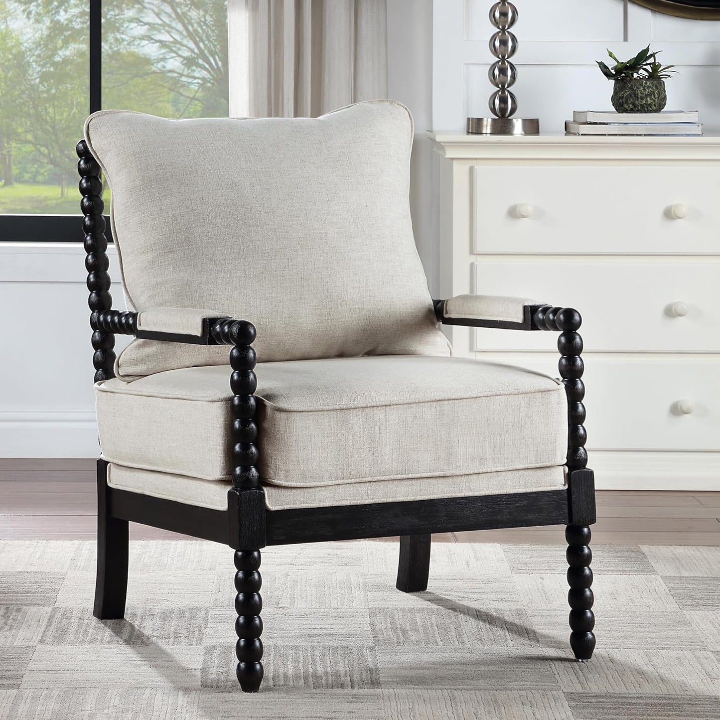 DUHOME Linen Fabric Spindle Accent Chair with Wood Frame,Bobbin Chair with High Resilience Spring