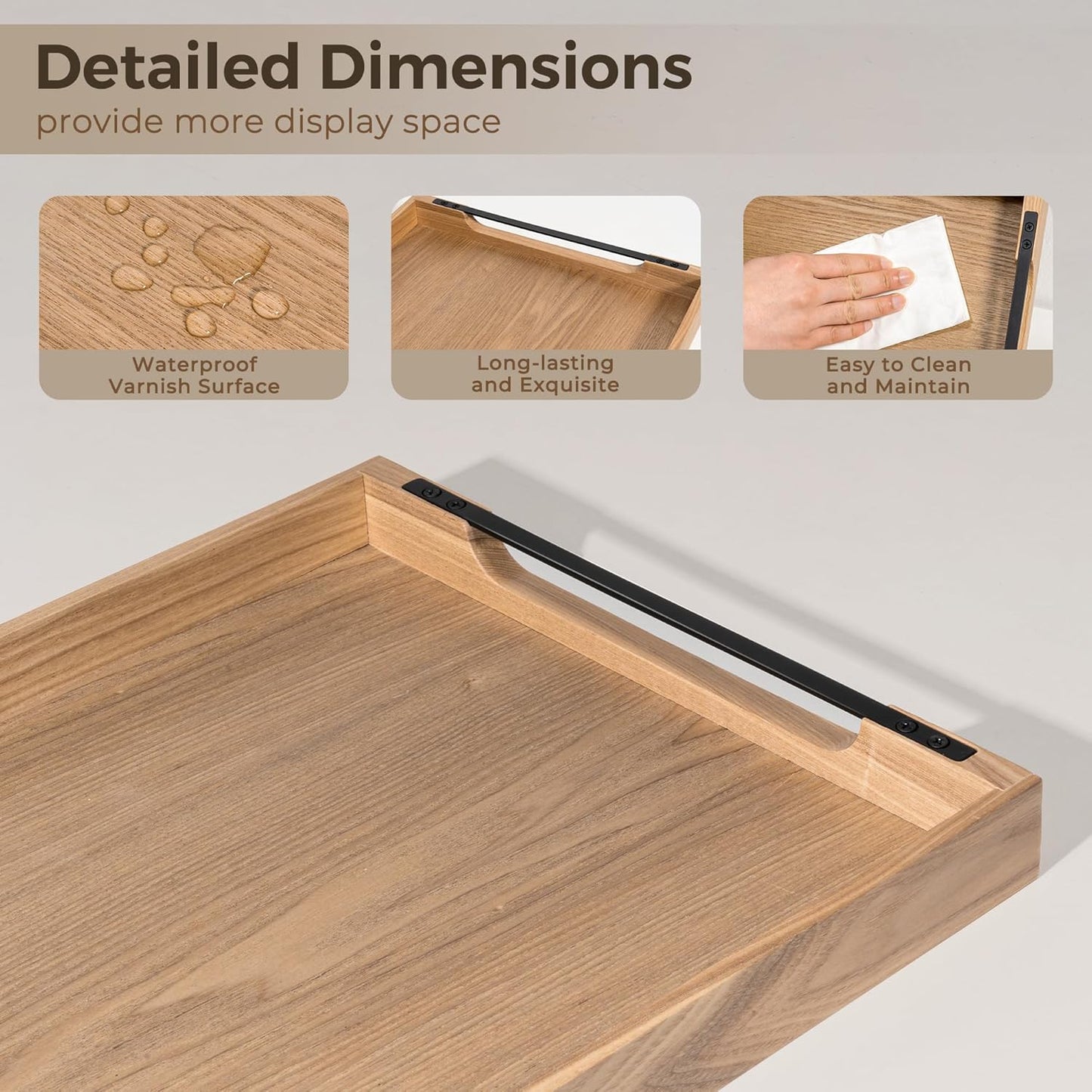Axeman Wooden Serving Tray with Metal Handles|Ottoman Tray for Breakfast, Bed, Couch|17x13in Ash