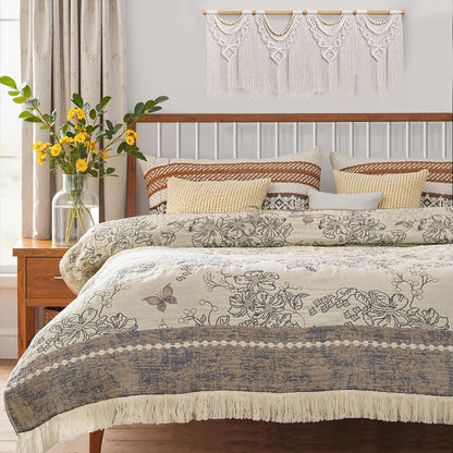 jinchan Boho Floral 100% Cotton Blanket 4-Layer Throw Blanket with Tassel Grey and White Flower