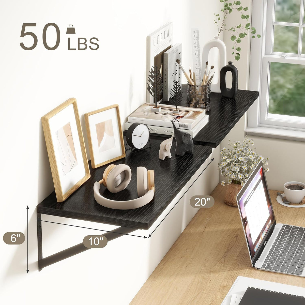 Fun Memories 20 Inch Floating Shelves for Wall, Black Bathroom Shelves Set of 2, 10 Inch Deep Wall