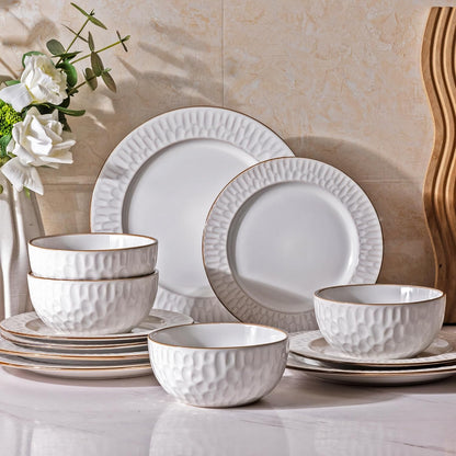 GBHOME Ceramic Dinnerware Sets,12 pcs Embossed Elegant Stoneware Plates and Bowls Sets
