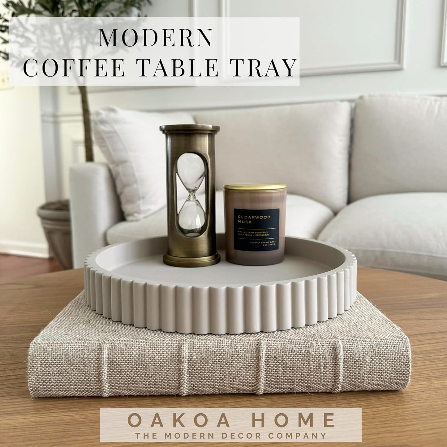 OAKOA Round Decorative Tray for Coffee Table Decor - Concrete Round Tray Home Decor - Bandejas