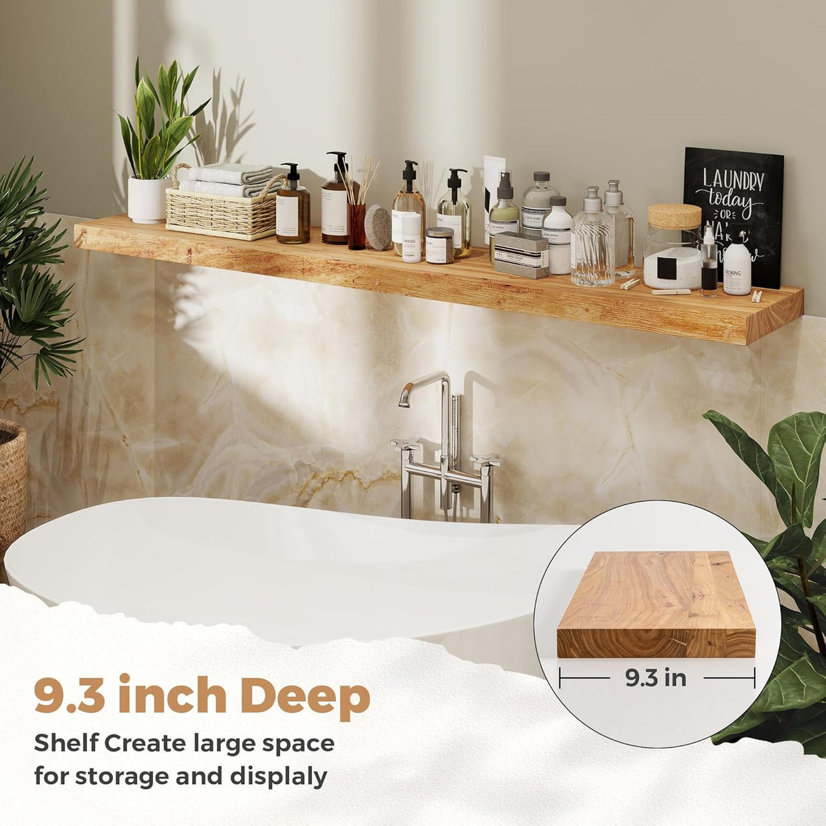 RICHFOCUS Elm Floating Shelves for Wall - 55" W x 9.3" D Rustic Solid Wood Shelves with Invisible