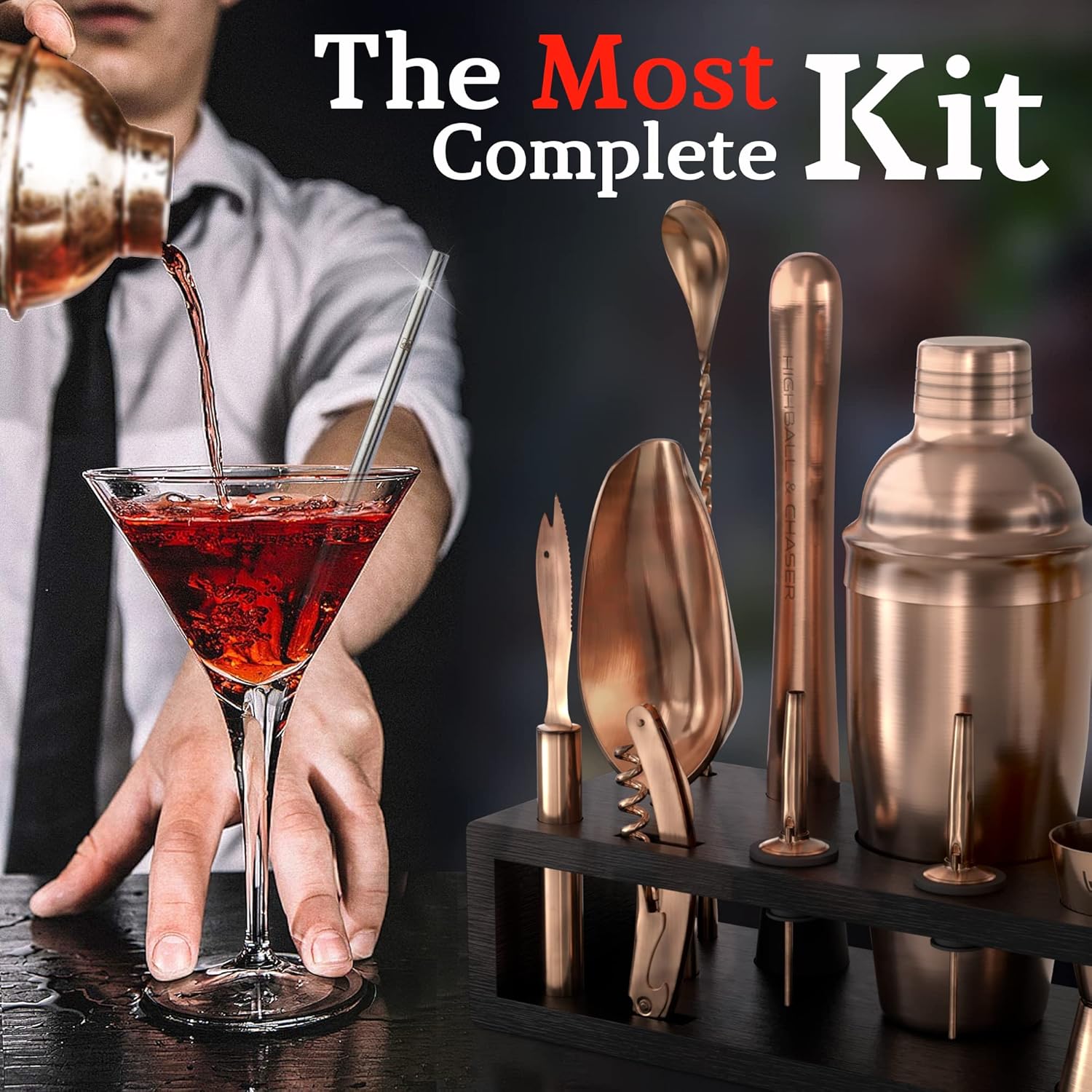 Highball & Chaser 13-Piece Cobbler Cocktail Shaker Set Matte Copper Stainless Steel Bartender Kit