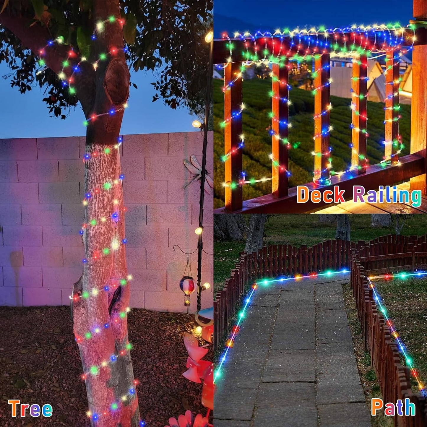 YEGUO 2 Packs Each 33ft 100 LED Solar Trampoline Lights Multicolor, Solar Rope Lights for Outside