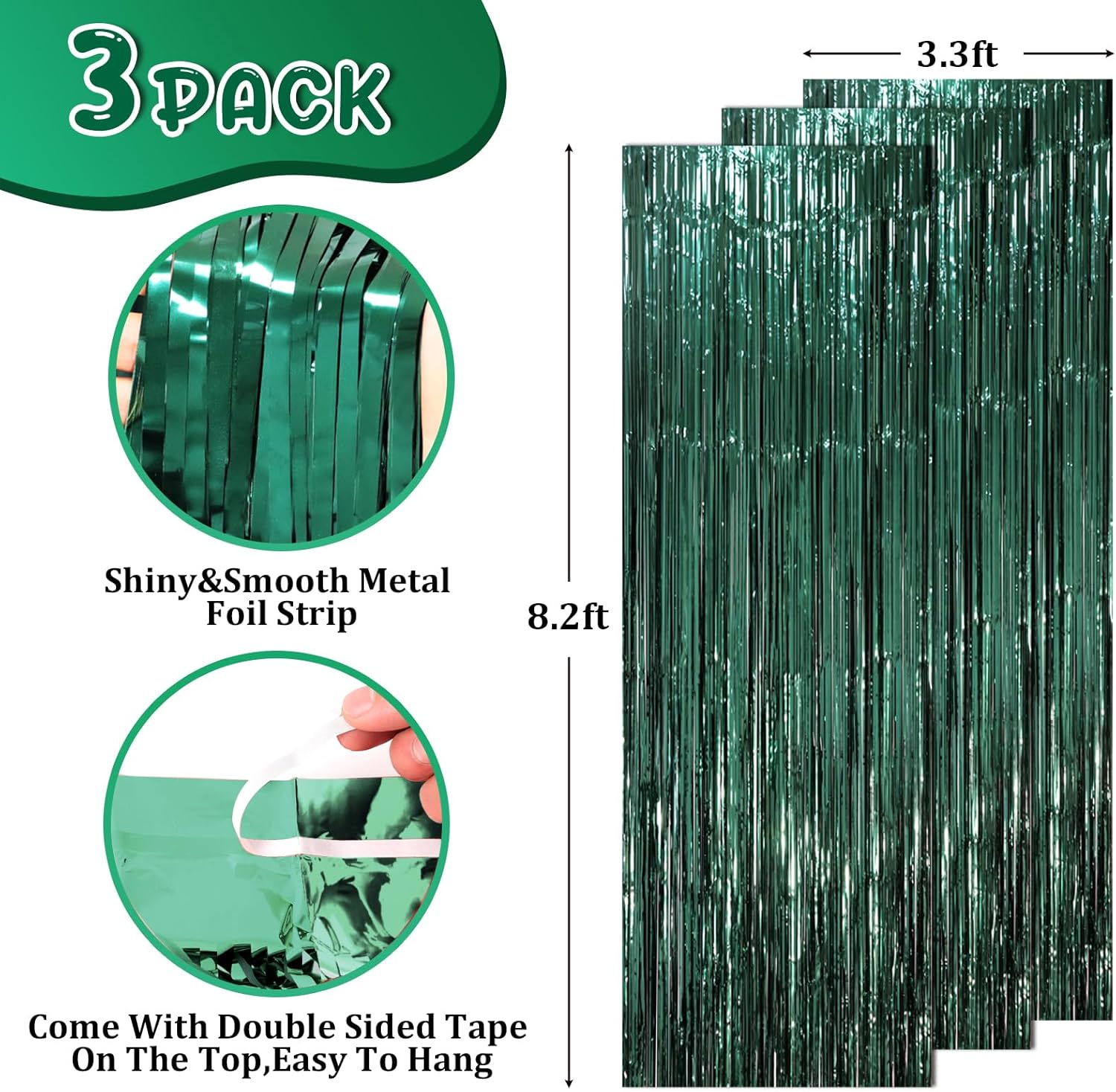3 Pack 3.3 x 8.2 ft Retro Green Foil Fringe Backdrop Curtains, Tinsel Streamers Party Decorations
