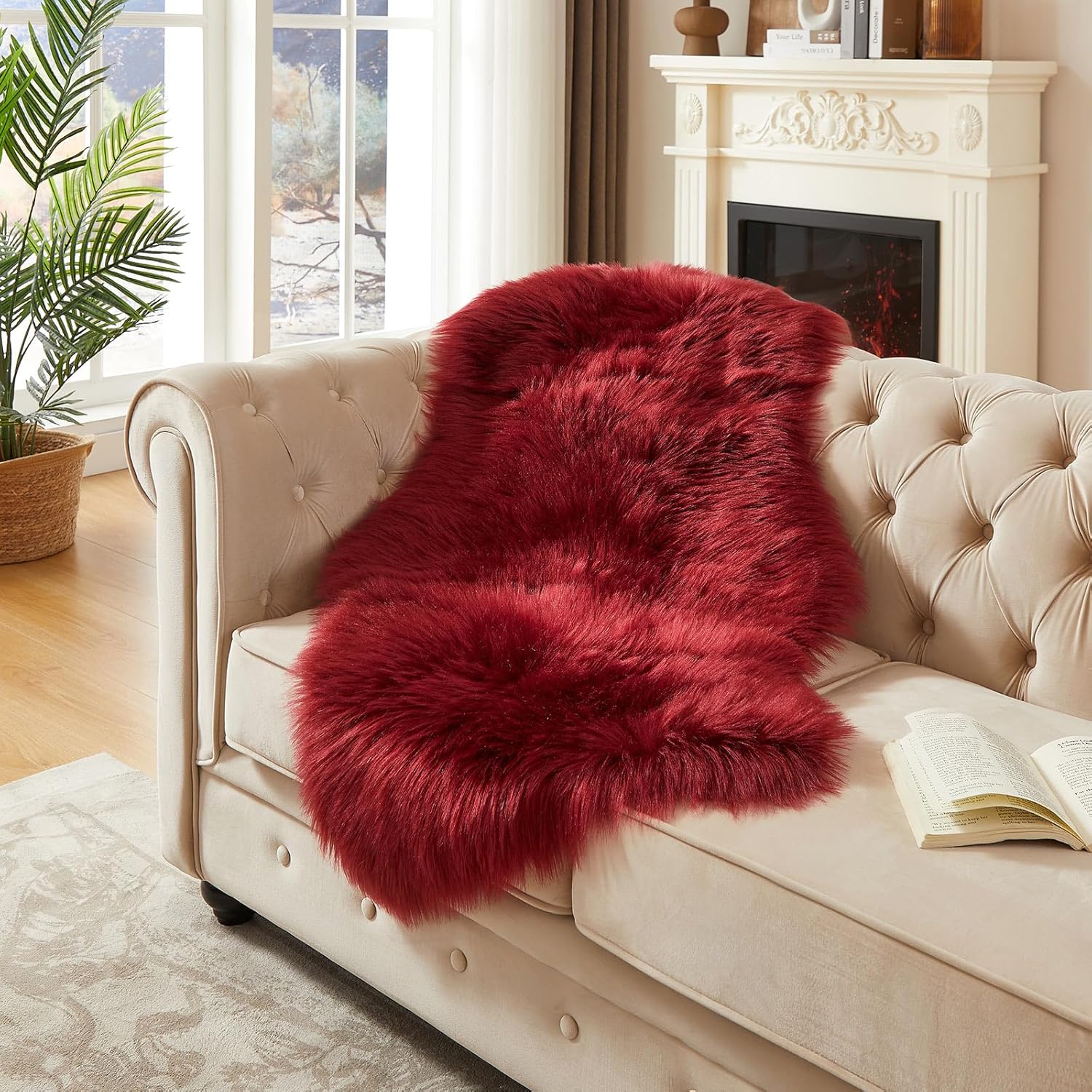 AMTOVO Faux Fur Rug, Burgundy Area Rug, Fluffy Sheepskin Rug, Fuzzy Ultra Soft 2 x 4 ft Shag Rugs