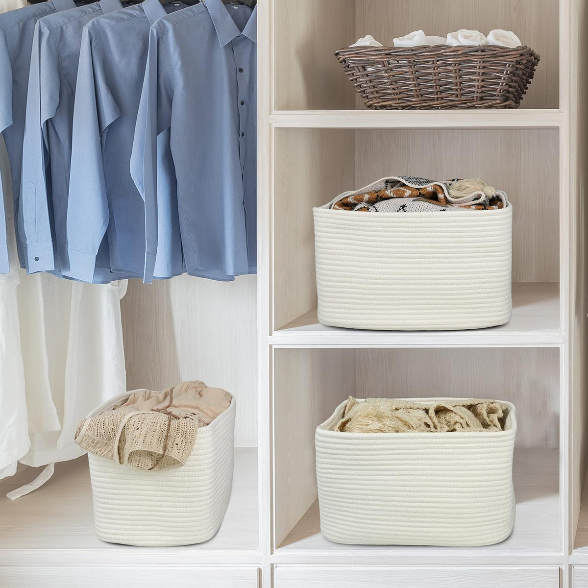 Cotton Rope storage Basket Bins Woven Basket for Organizing Shelves Rectangle Decorative Baskets