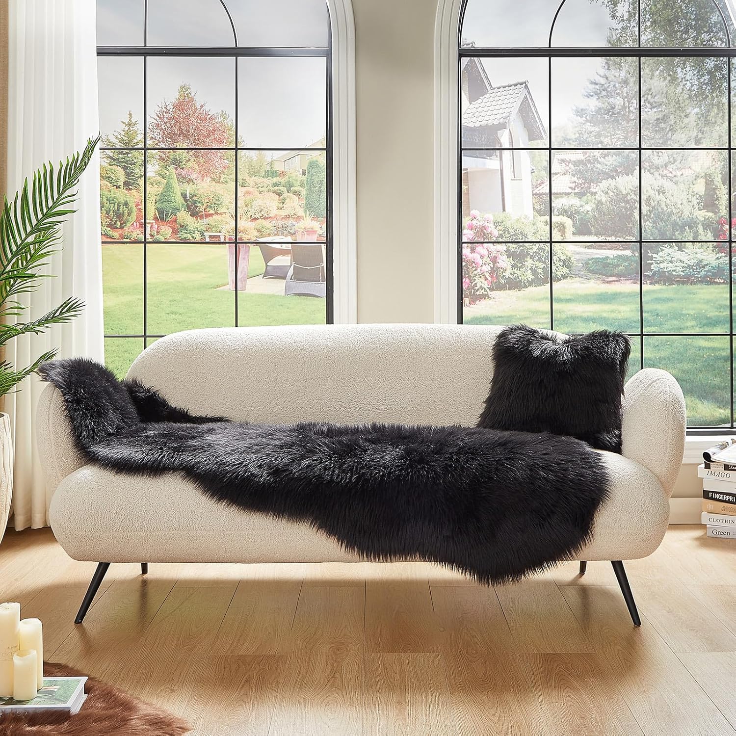 AMTOVO Faux Sheepskin Rug, Black Ultra Soft Fluffy Shag Area Rug, 2 x 6 ft Faux Fur Rug for Bedroom
