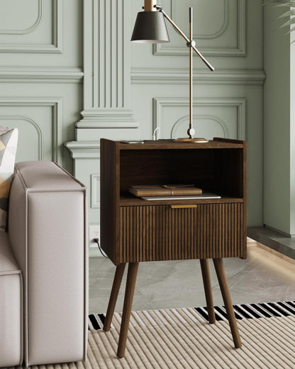 Nightstand,Modern Bedside Table with Storage Drawer and Open Wood Shelf, Accent Night Stand with