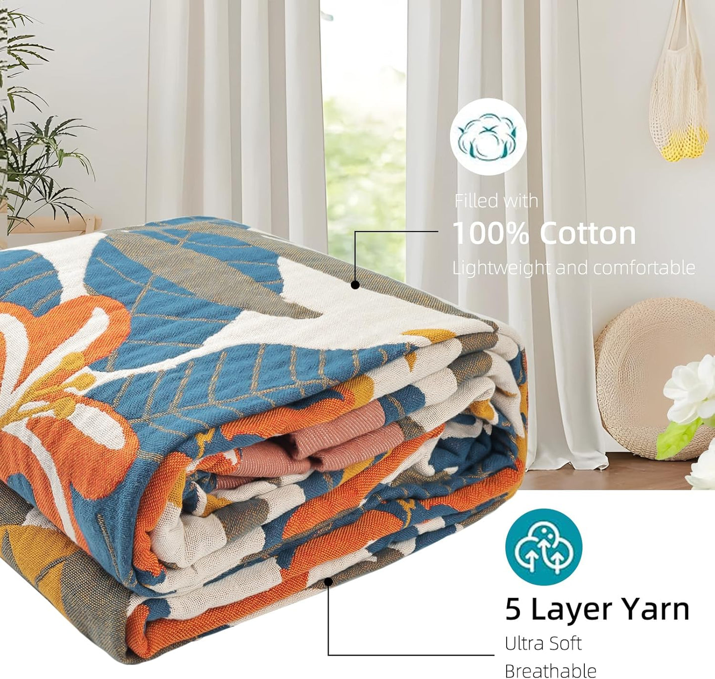 Boho Throw Blanket for Bed - 100% Pure Cotton Ultra Soft Rustic Quilt - Farmhouse Decor Bed