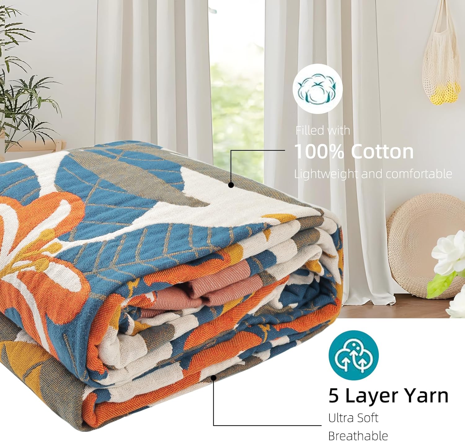 Boho Throw Blanket for Bed - 100% Pure Cotton Ultra Soft Rustic Quilt - Farmhouse Decor Bed