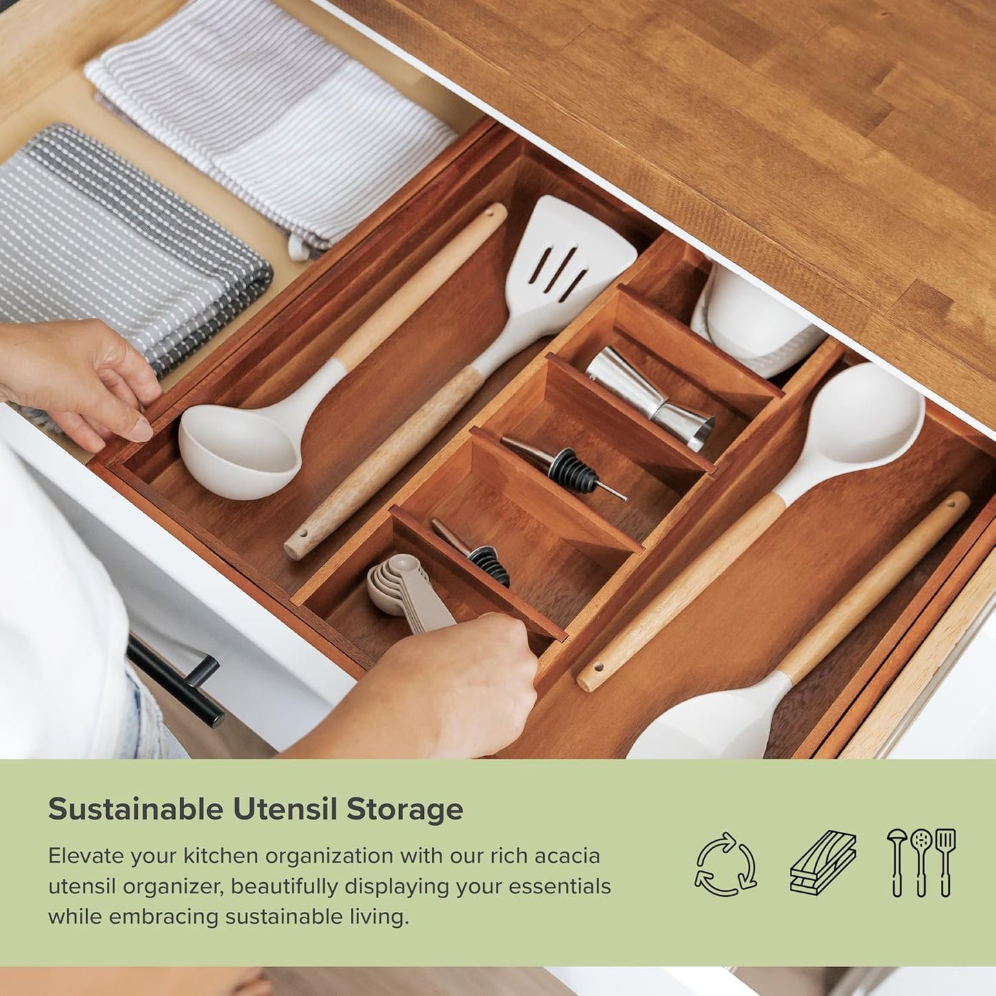 Adjustable Kitchen Drawer Organizer for Utensils and Junk, Food-Safe Contract Grade with 100%