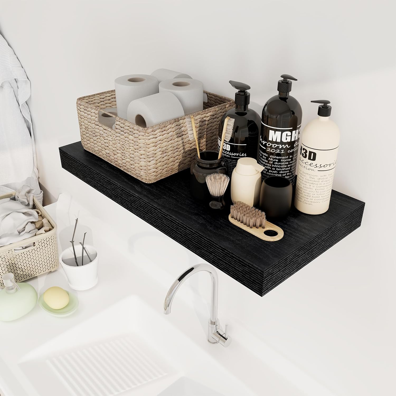 12 Inch Deep Black Floating Shelves, 24 x 12 Floating Shelf for Books, Rustic Wood Deep Wall