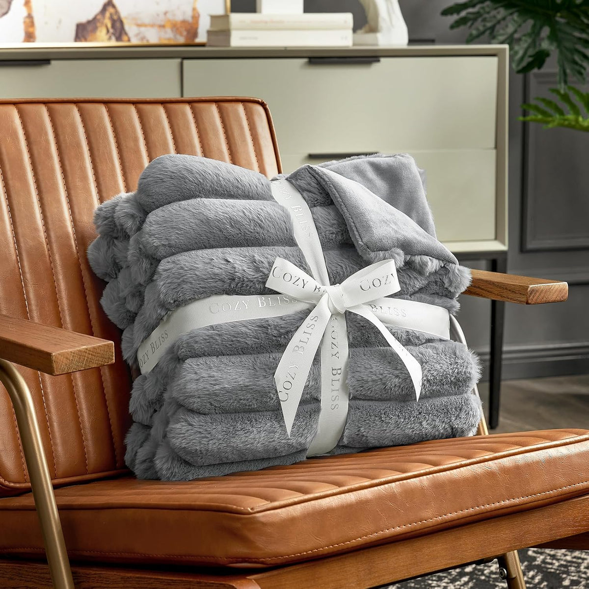 Cozy Bliss Faux Fur Throw Blanket for Couch, Cozy Warm Plush Striped Blanket for Sofa Bedroom