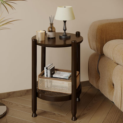 NSdirect Round End Table for Living Room, 2-Tier Rustic Wood Center Table for Home Decor with Boho