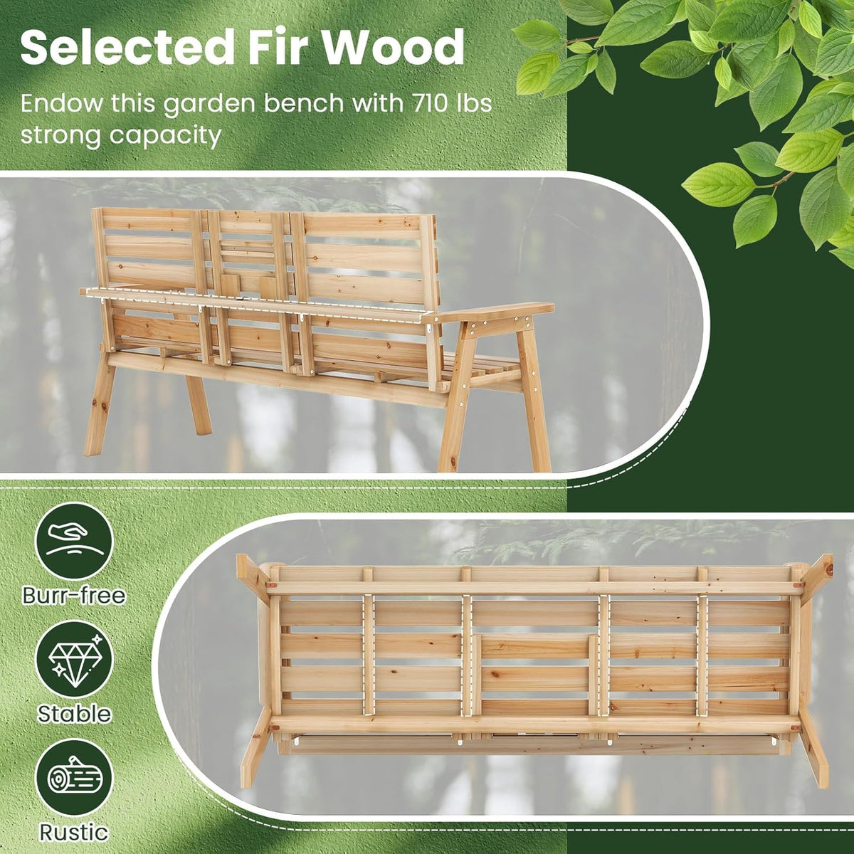 Tangkula Outdoor Fir Wood Bench with Foldable Middle Table, 2-3 Person Garden Bench with Backrest
