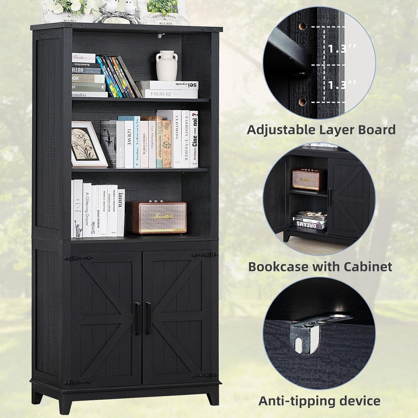 70in Tall Bookshelf 5 Tier Bookcase with Barn Doors and Adjustable Shelves, Black Farmhouse Book