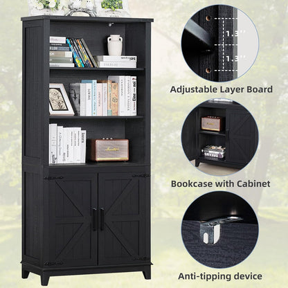 70in Tall Bookshelf 5 Tier Bookcase with Barn Doors and Adjustable Shelves, Black Farmhouse Book