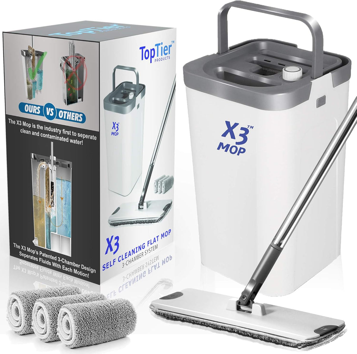 X3 Mop, Separates Dirty and Clean Water, 3-Chamber Design, Flat Mop and Bucket Set, Hands Free Home