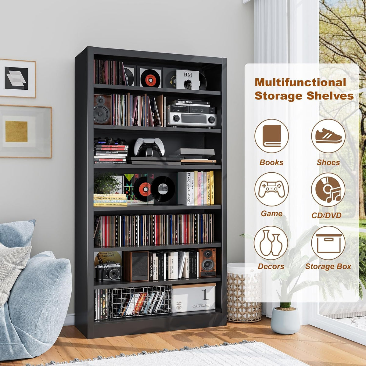 Metal DVD Storage Cabinets, 7-Tier CD Storage Rack with Adjustable Shelves, DVD Organizer Shelf