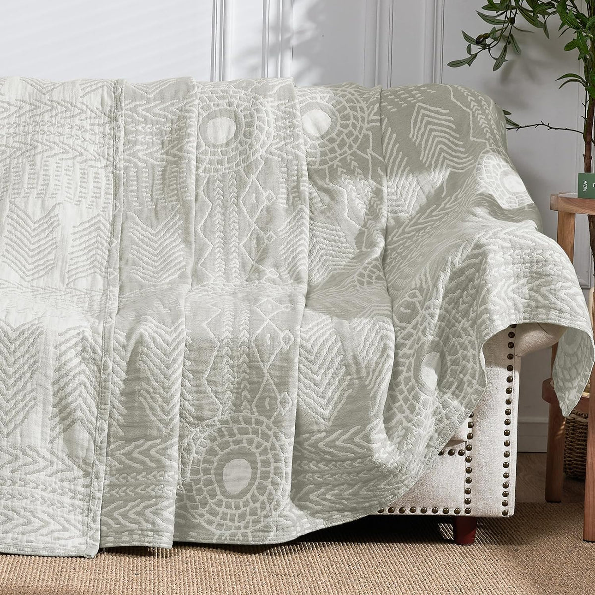 JINCHAN Boho 100% Cotton Muslin Blanket 3-Layer Twin Size Geometric Lightweight Reversible Soft