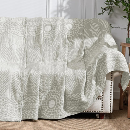 JINCHAN Boho 100% Cotton Muslin Blanket 3-Layer Twin Size Geometric Lightweight Reversible Soft