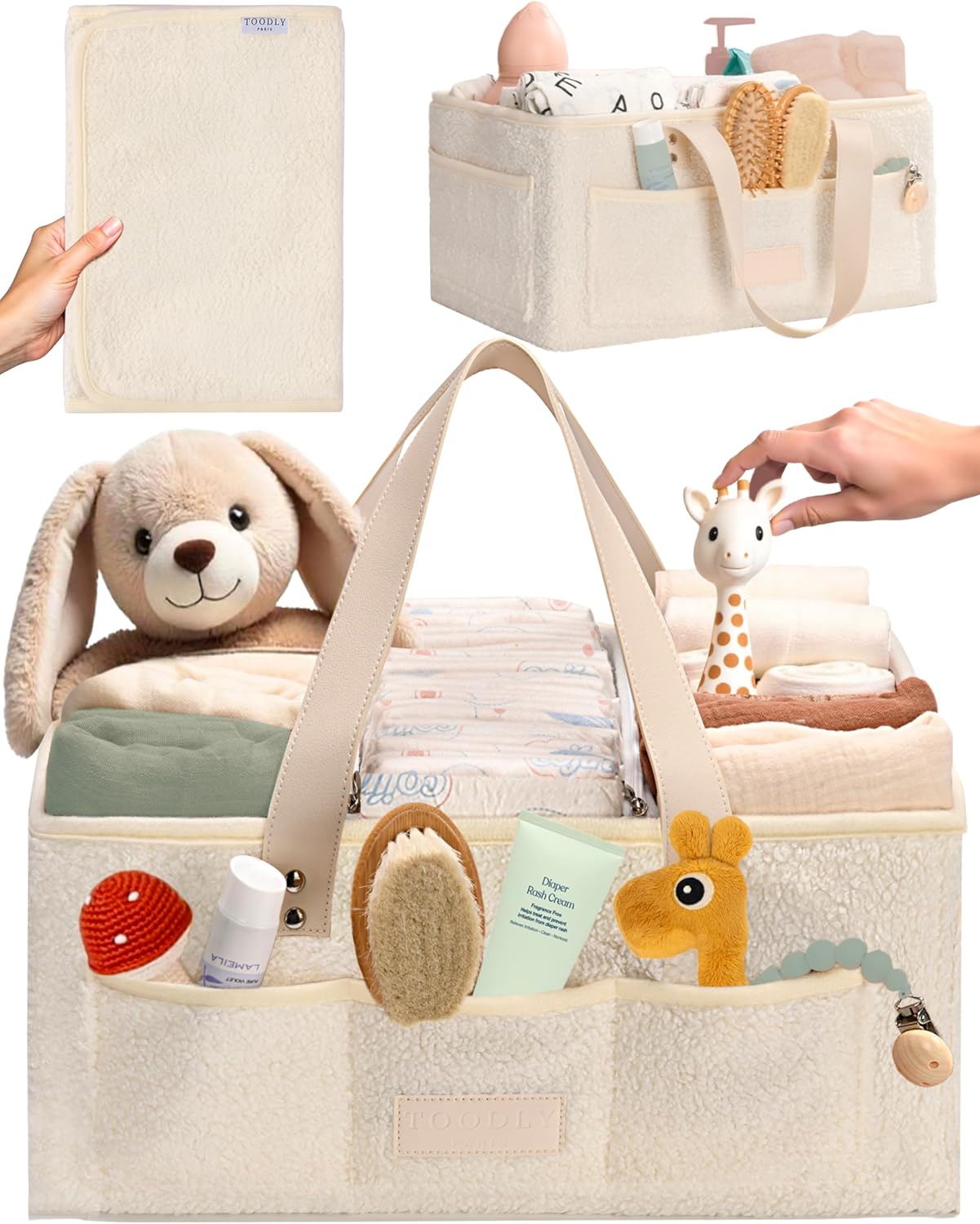 Baby Diaper Caddy Organizer with Portable Changing Mat - Teddy Fleece Diaper Organizer for Changing