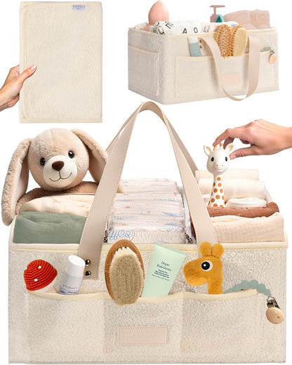 Baby Diaper Caddy Organizer with Portable Changing Mat - Teddy Fleece Diaper Organizer for Changing