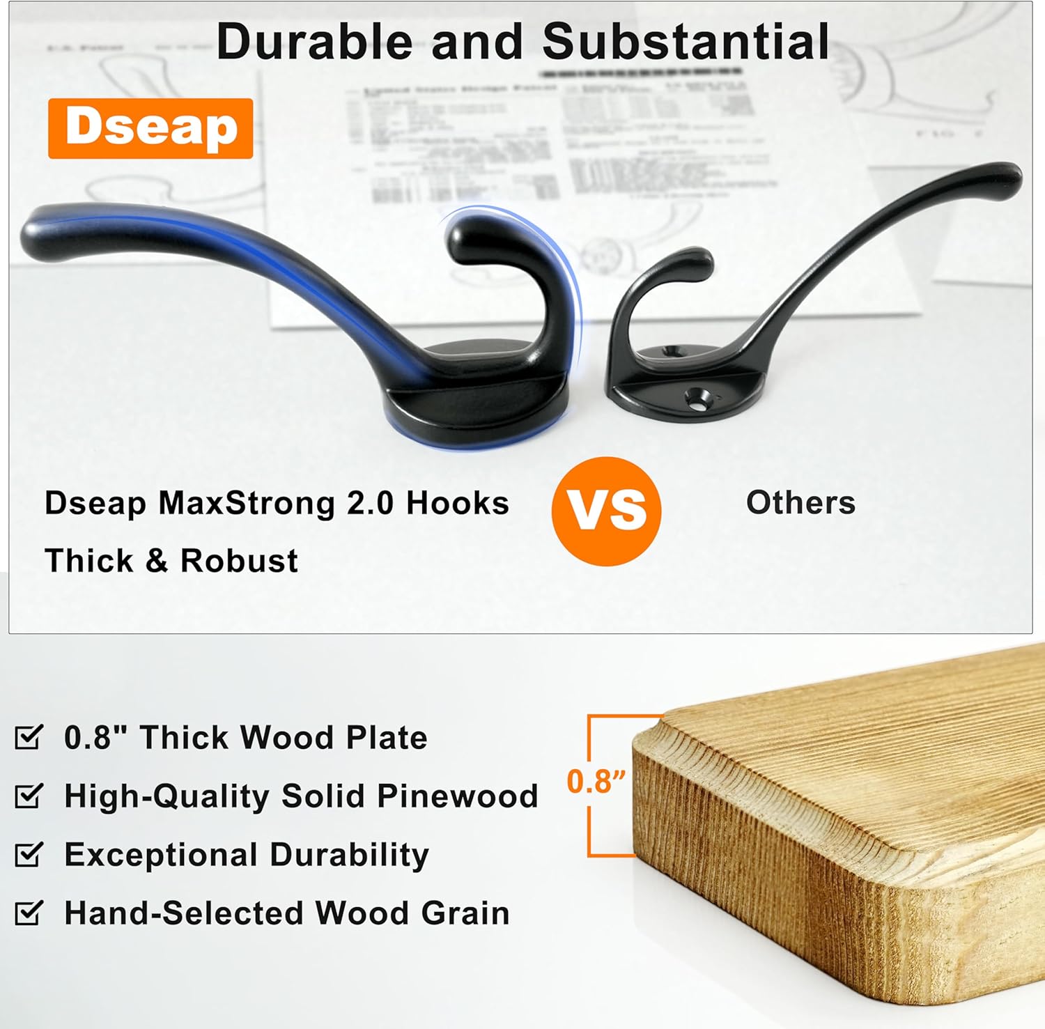 Dseap Wall Mounted Coat Rack: 38-1/4" Long, Patented, Heavy-Duty, 10-Double-Hooks Wooden Hanger