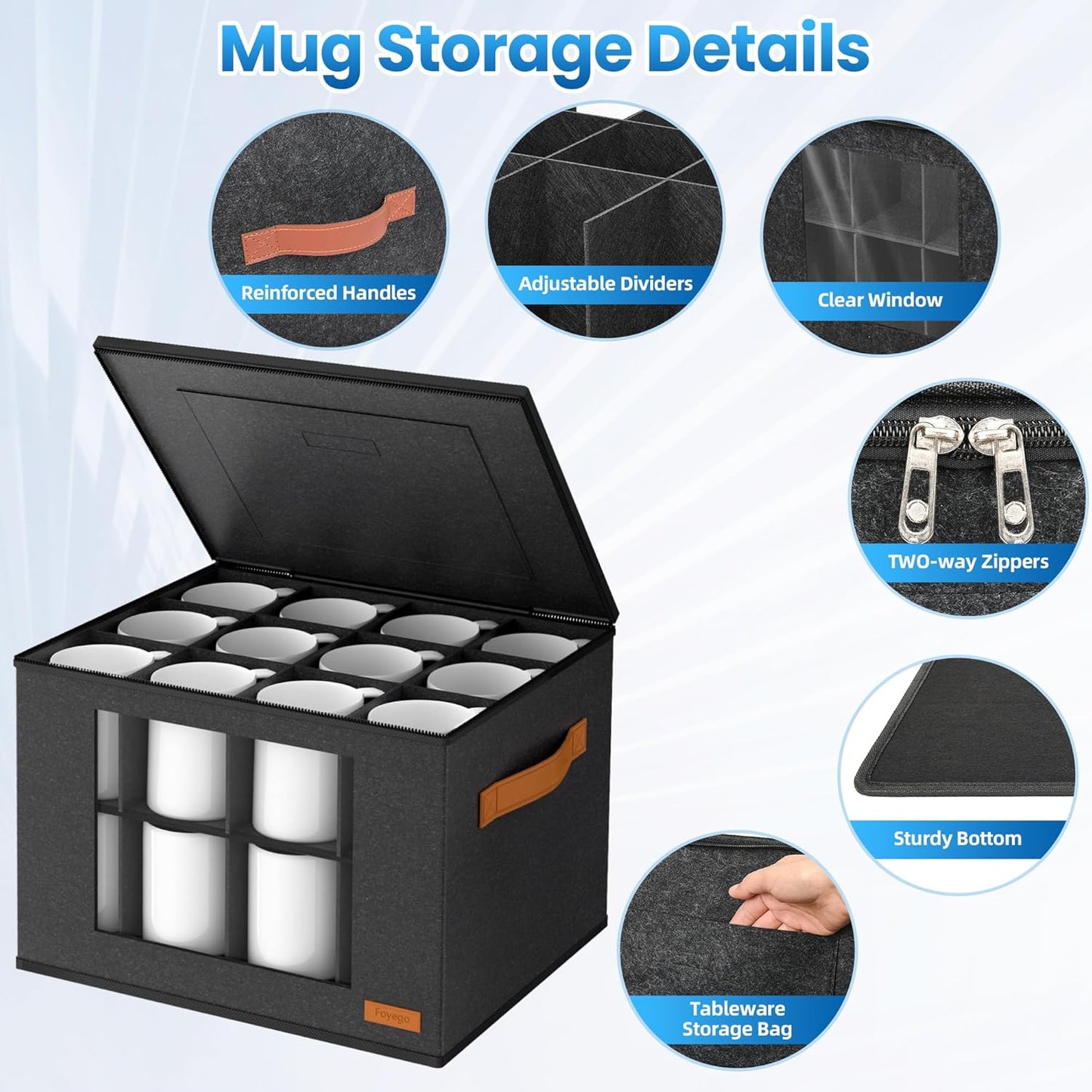 2-Layer Coffee Mug Storage Box with Dividers, Coffee Cup Storage Organizer with Zipper Lid and