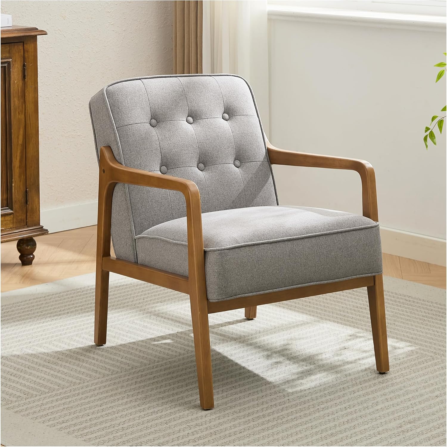 Linen Accent Chair, Mid Century Modern Chair for Living Room, Upholstered Comfy Lounge Armchair