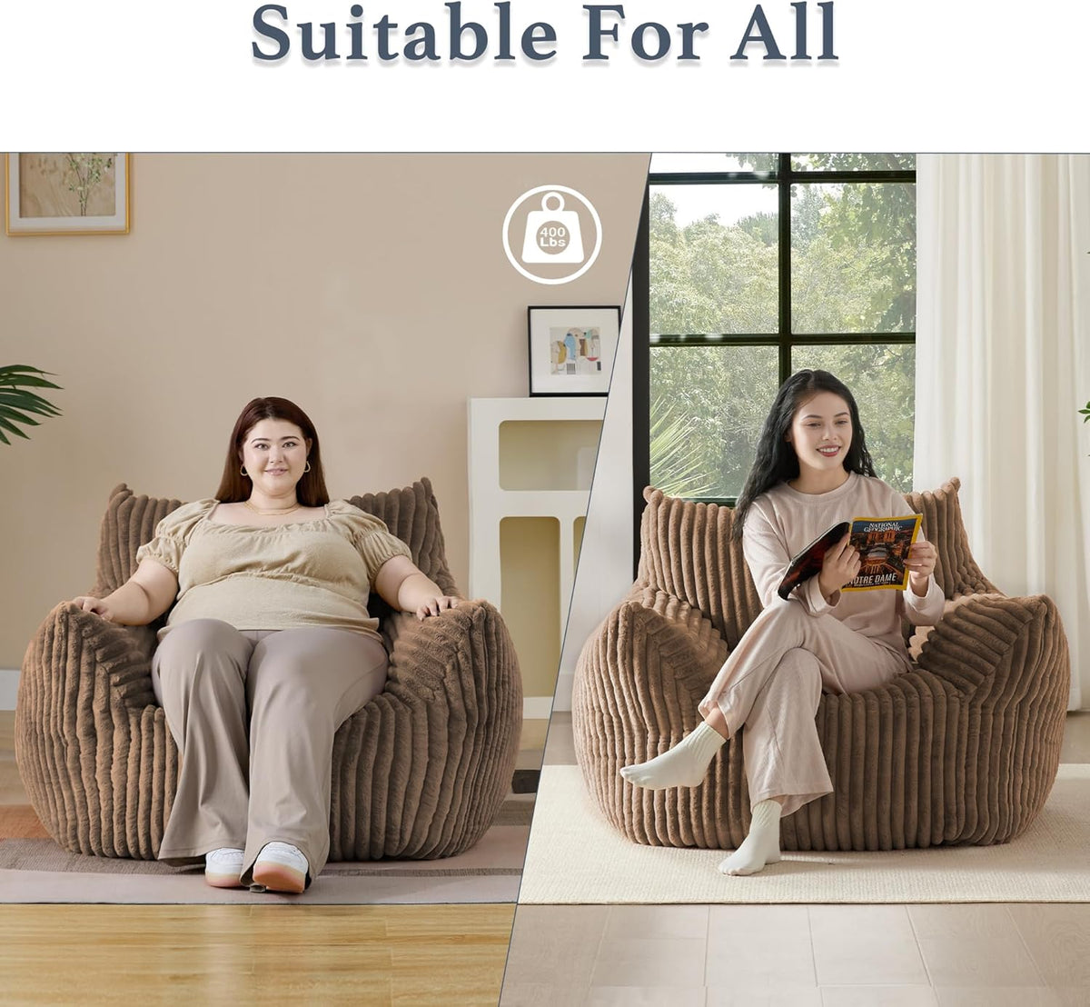 Giant Plush Bean Bag Chair for Adults with Armrests - Oversized Comfy Khaki Beanbag Lounge Lazy