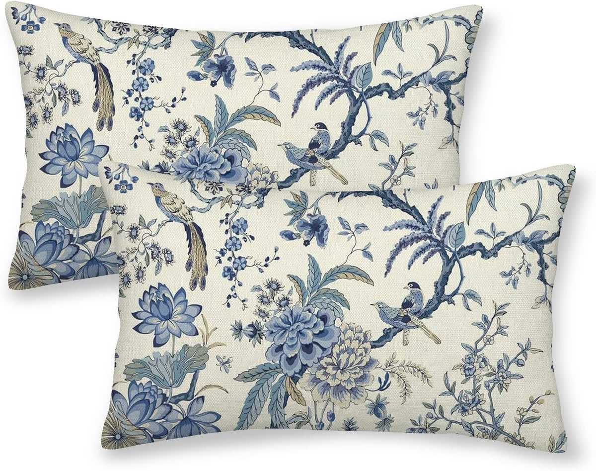 CXMEIFLY Spring Floral Birds Pillow Covers 12 x 20 Inch Set of 2 for Chinoiserie Flowers Decor