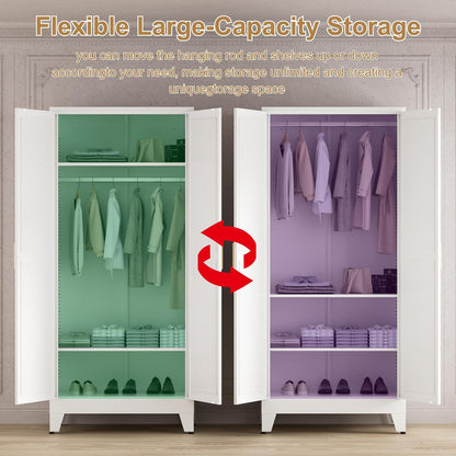 71'' Farmhouse Metal Wardrobe Cabinet with Hanging Rod, 2 Barn Door Wardrobe Closet with 2