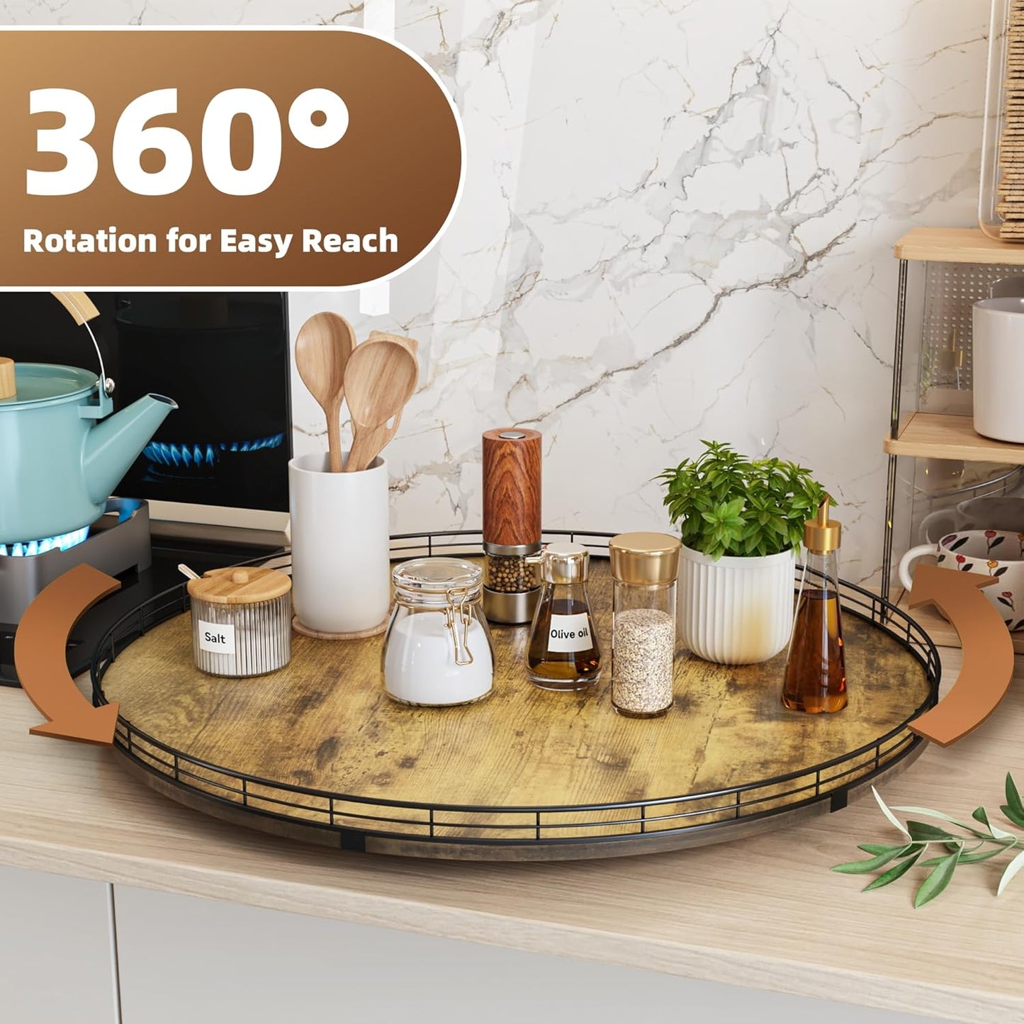 Lazy Susan Turntable Organizer for Table Top, 24’’ Round Wooden Lazy Susan for Cabinet Kitchen
