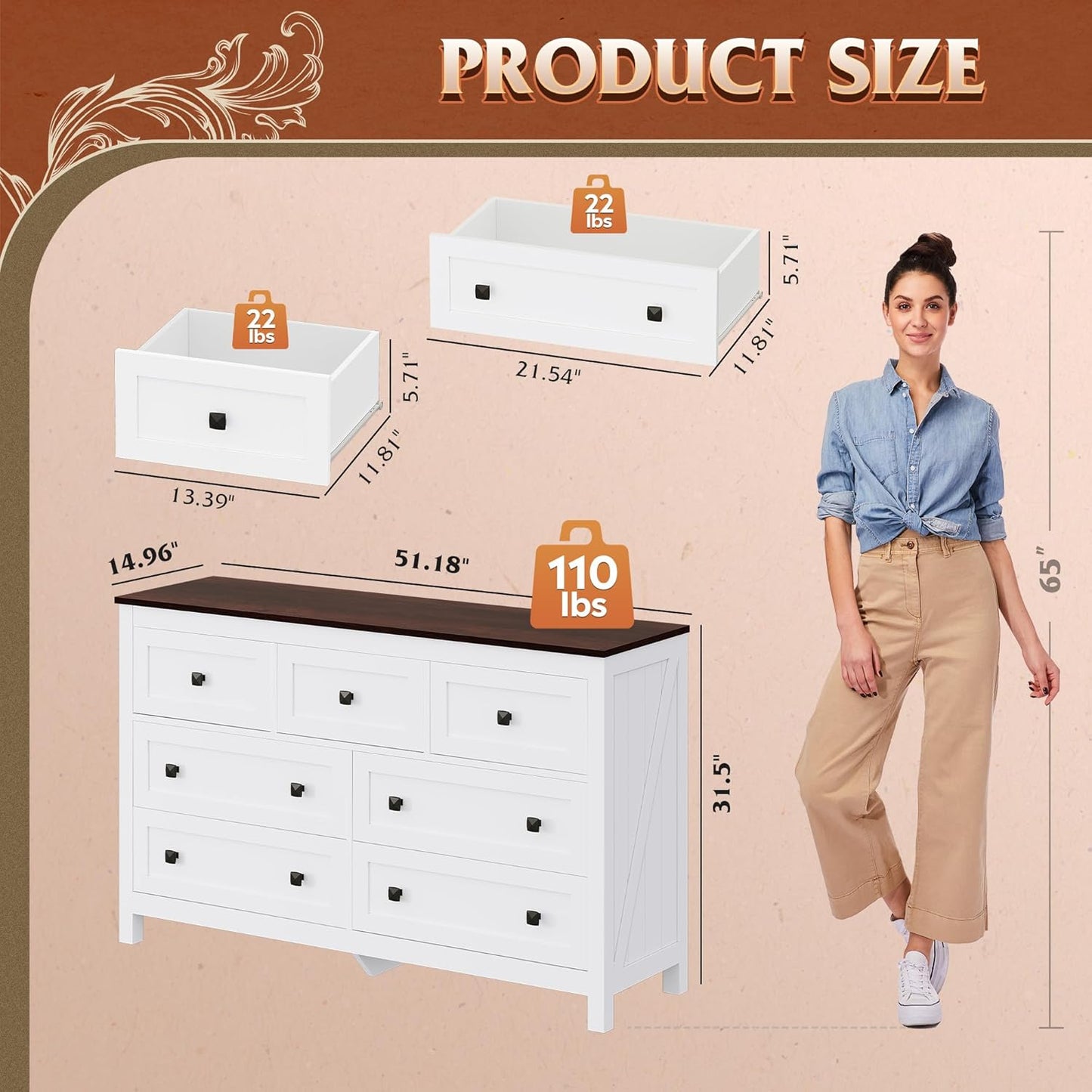 WLIVE Farmhouse Dresser for Bedroom, 51.18'' Wide 7 Drawer Wood Dresser, White TV Stand for 65 inch
