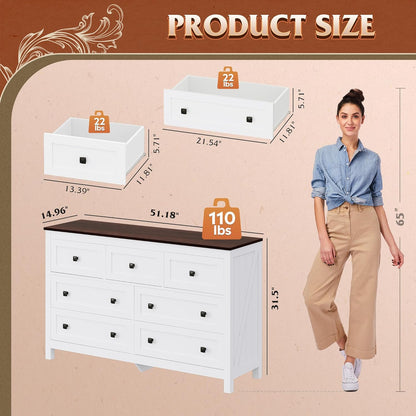 WLIVE Farmhouse Dresser for Bedroom, 51.18'' Wide 7 Drawer Wood Dresser, White TV Stand for 65 inch