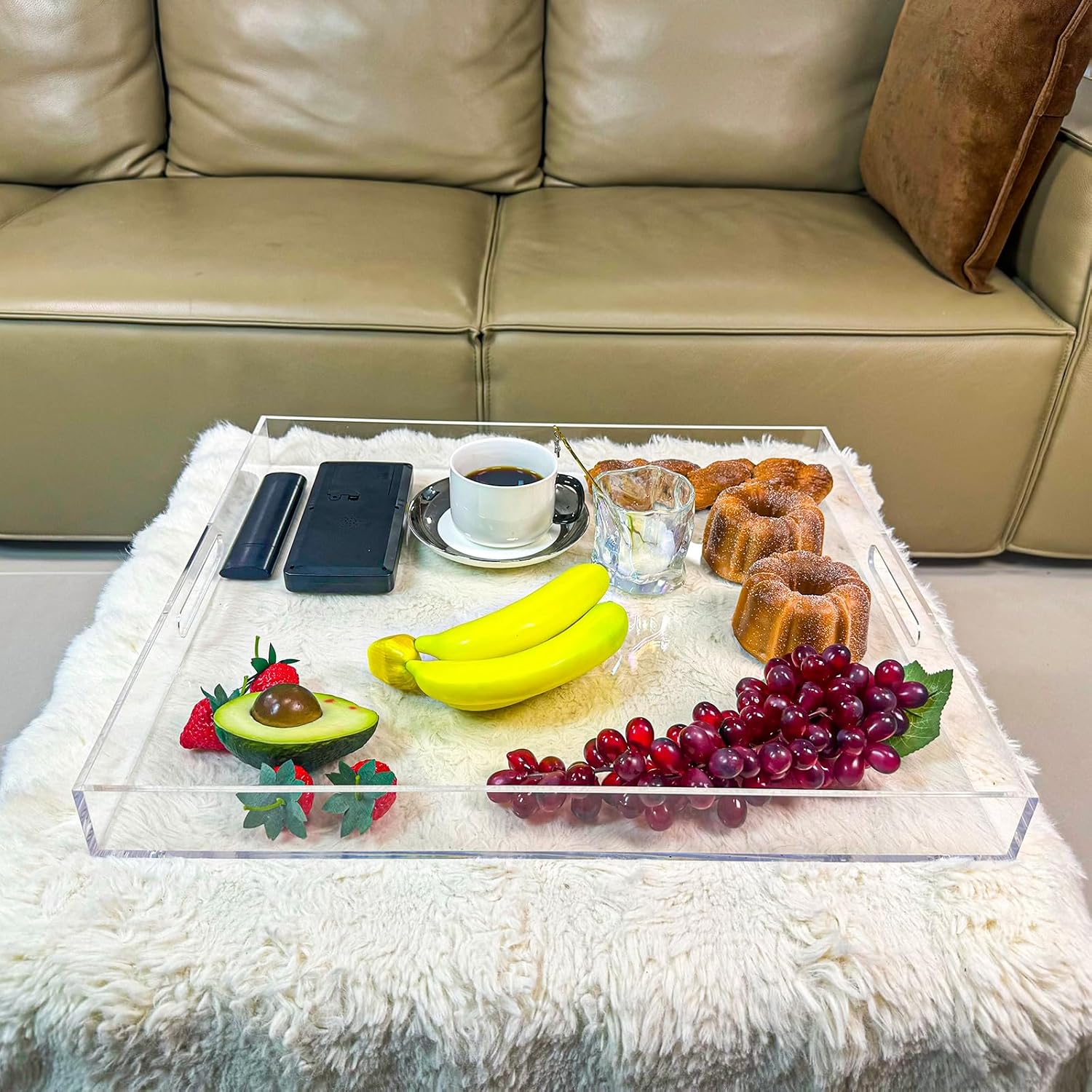 Clear Rectangular 18x20 Inches Acrylic Ottoman Tray Decorative Serving Tray with Cutout Handles