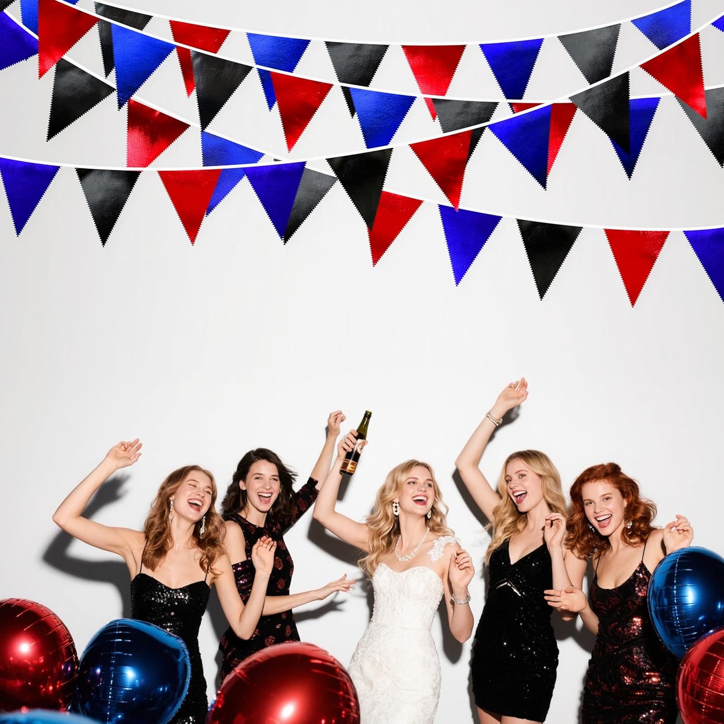 Navy Blue Red Black Party Decorations Metallic Fabric Triangle Pennant Banner Flag Bunting Garland