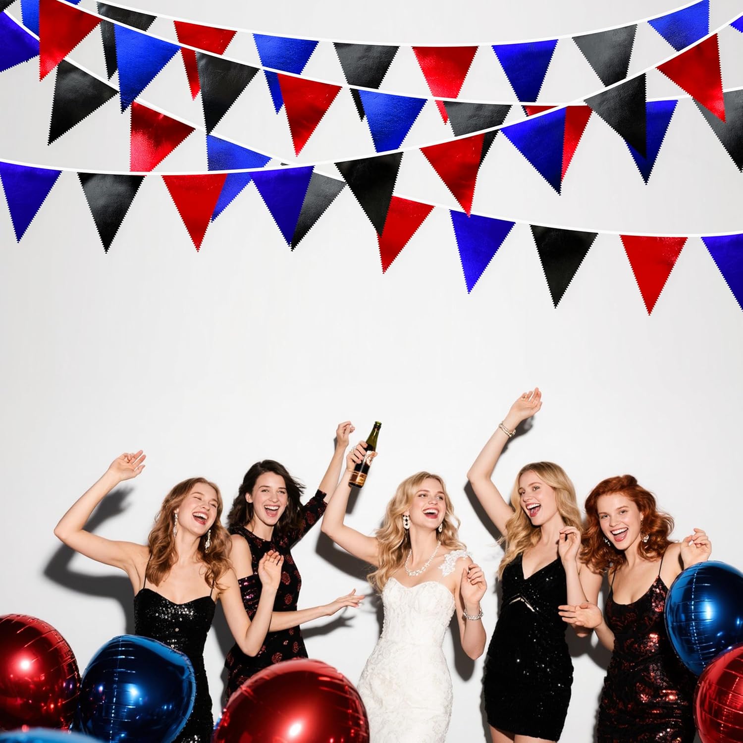 Navy Blue Red Black Party Decorations Metallic Fabric Triangle Pennant Banner Flag Bunting Garland