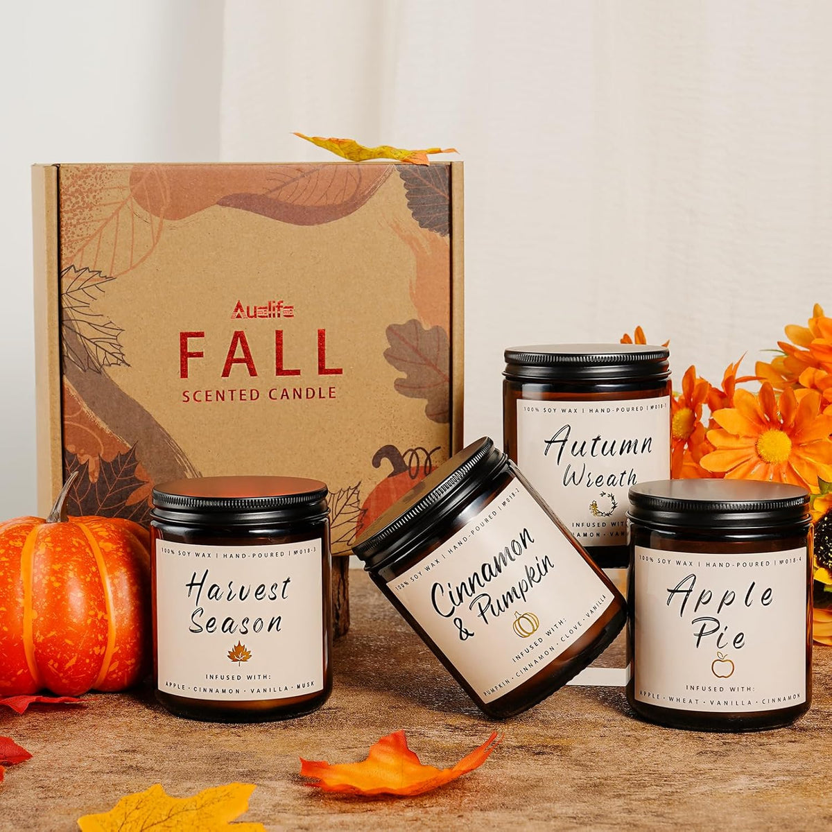 Auelife Fall Candle Set | 4 Pack Scented Candles for Home - Candle Gifts for Women Men, Soy Candles