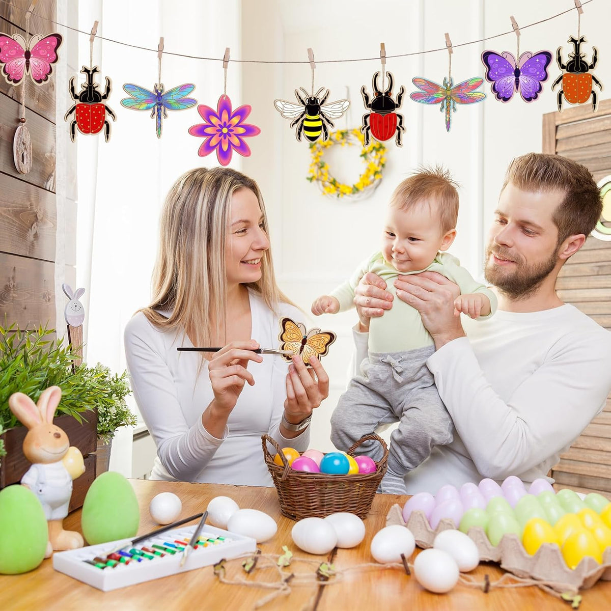 80PCS Wooden Spring Ornaments to Paint, 8 Styles DIY Blank Unfinished Wood Insect Cutouts Ornament