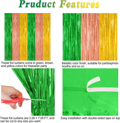 4 Pack Hawaiian Party Decorations, 3.28 FT x 7.05 FT Hawaii Tinsel Backdrop, Green Brown Yellow
