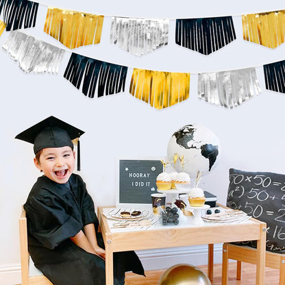 Black Silver Gold Tassel Banner Double Sided Metallic Fabric Pennant Bunting Flag Garland for